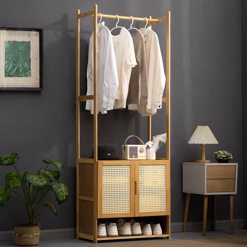 Rattan wood clothes rail rack - rattan,